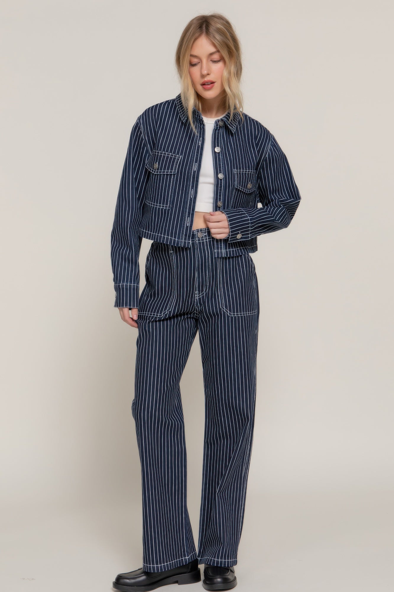 Button Down Stripe Denim Short Jacket - It's a Girly Place