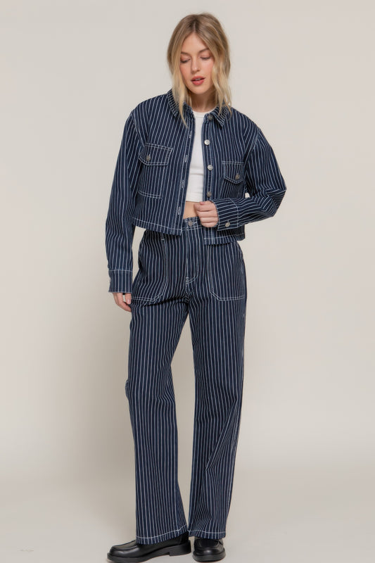 Button Down Stripe Denim Short Jacket - It's a Girly Place