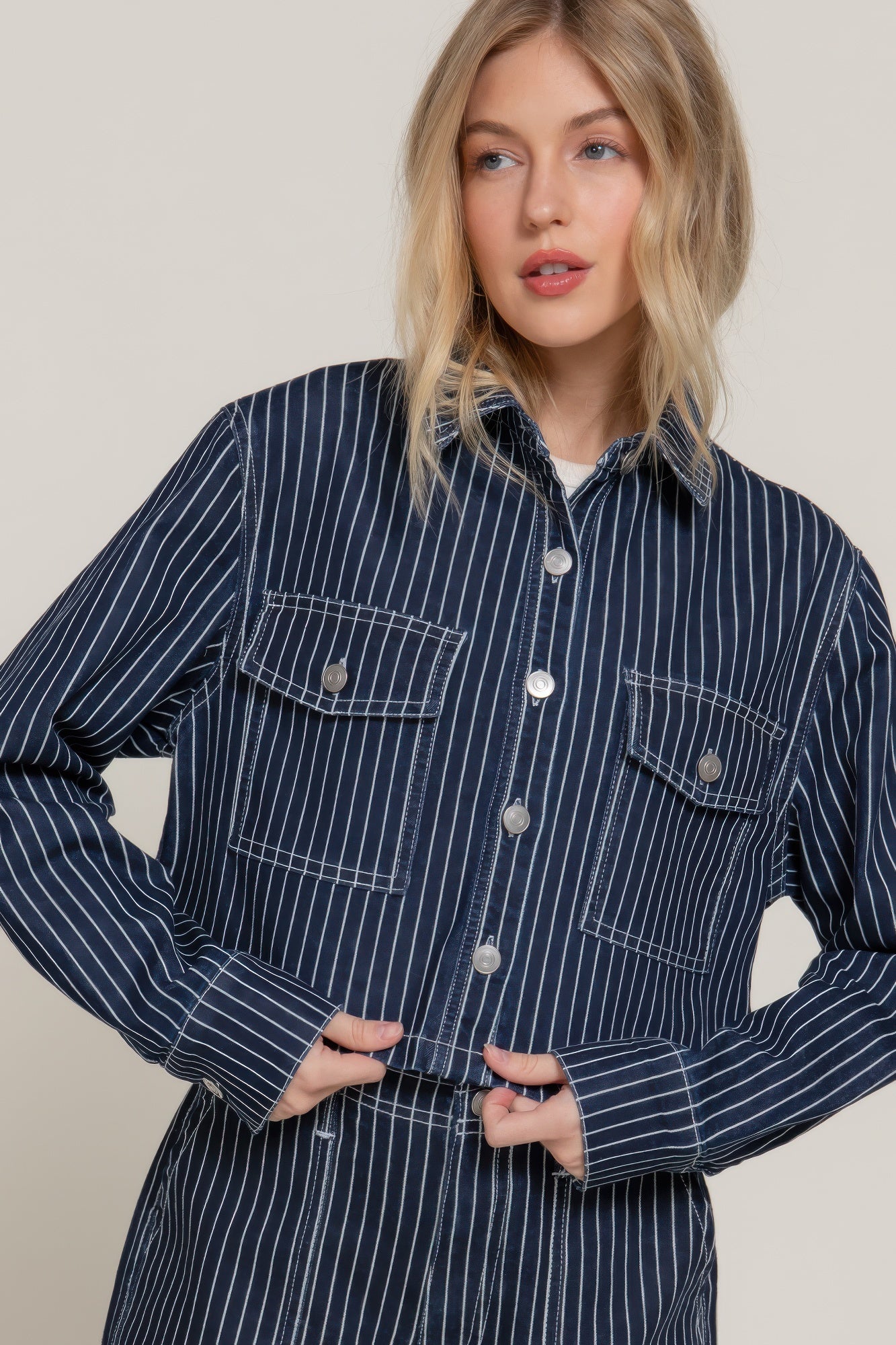 Button Down Stripe Denim Short Jacket - It's a Girly Place