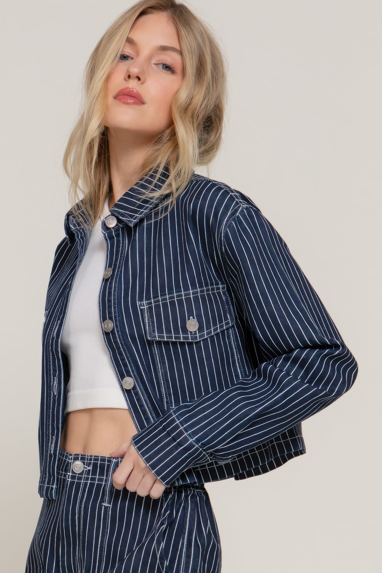 Button Down Stripe Denim Short Jacket - It's a Girly Place