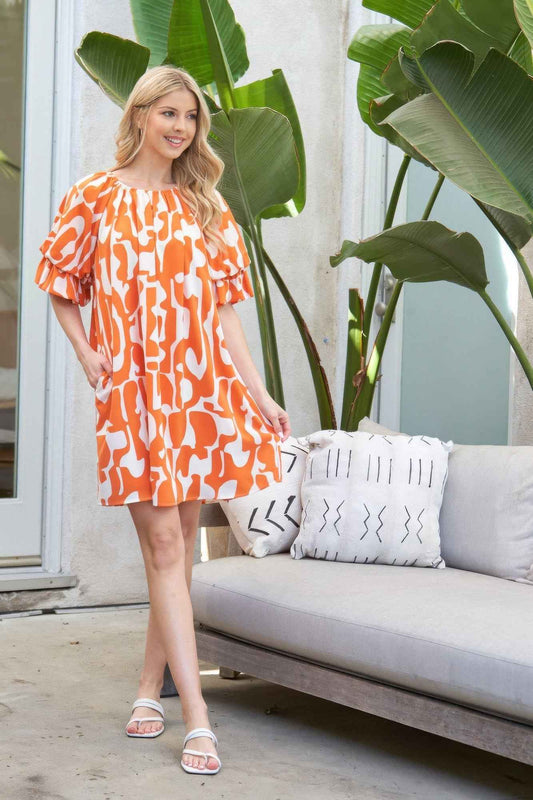 Geometric Print Loose Fit Mini Dress With Gathered Balloon Sleeves
