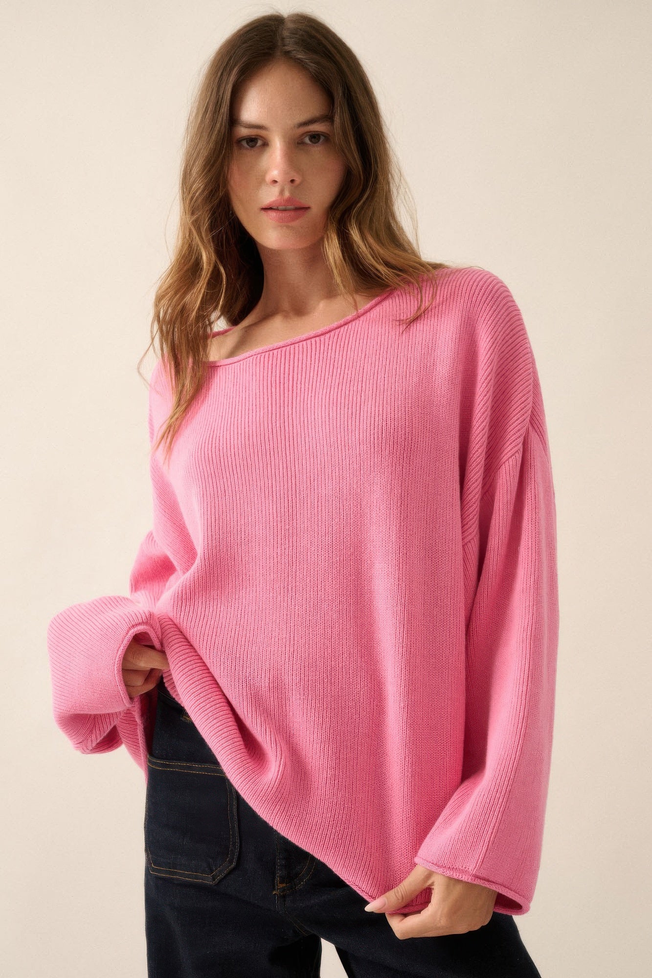 Solid Rib-knit Oversized Boatneck Sweater - It's a Girly Place