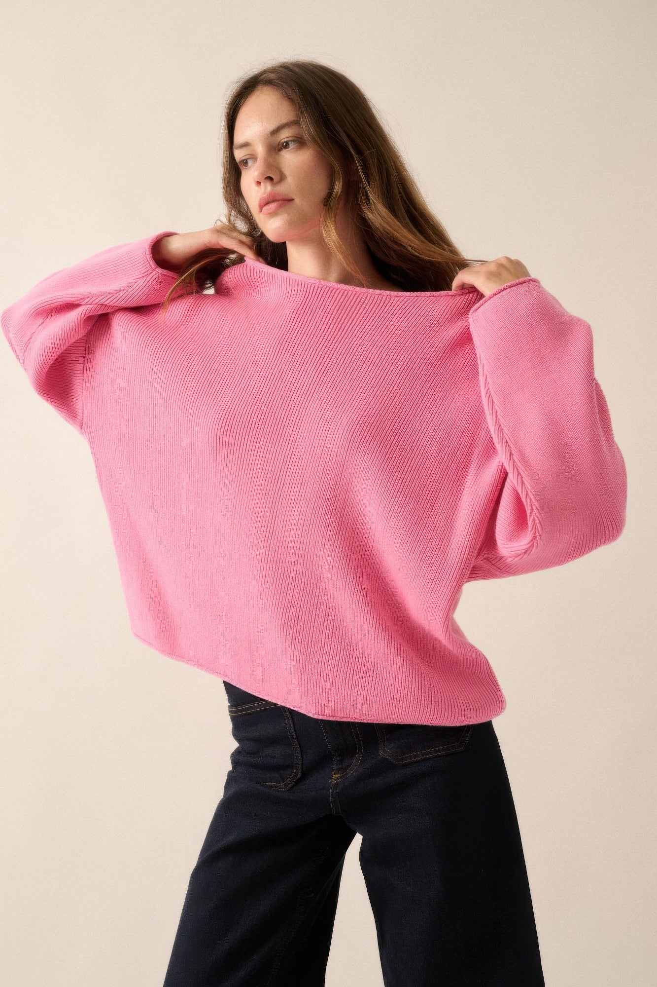 Solid Rib-knit Oversized Boatneck Sweater - It's a Girly Place