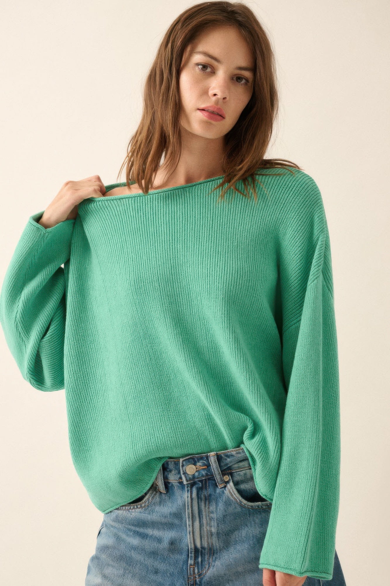 Solid Rib-knit Oversized Boatneck Sweater - It's a Girly Place