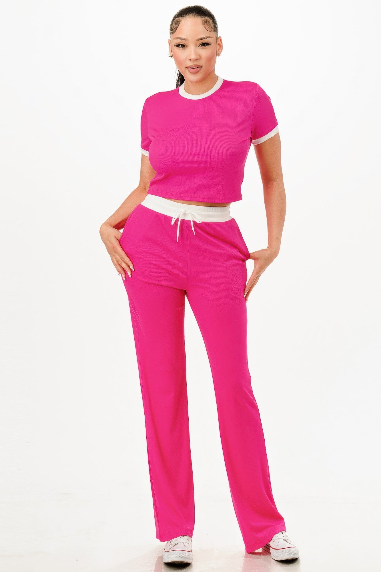 Ribbed Contrast Binding Top And Pants Set - It's a Girly Place
