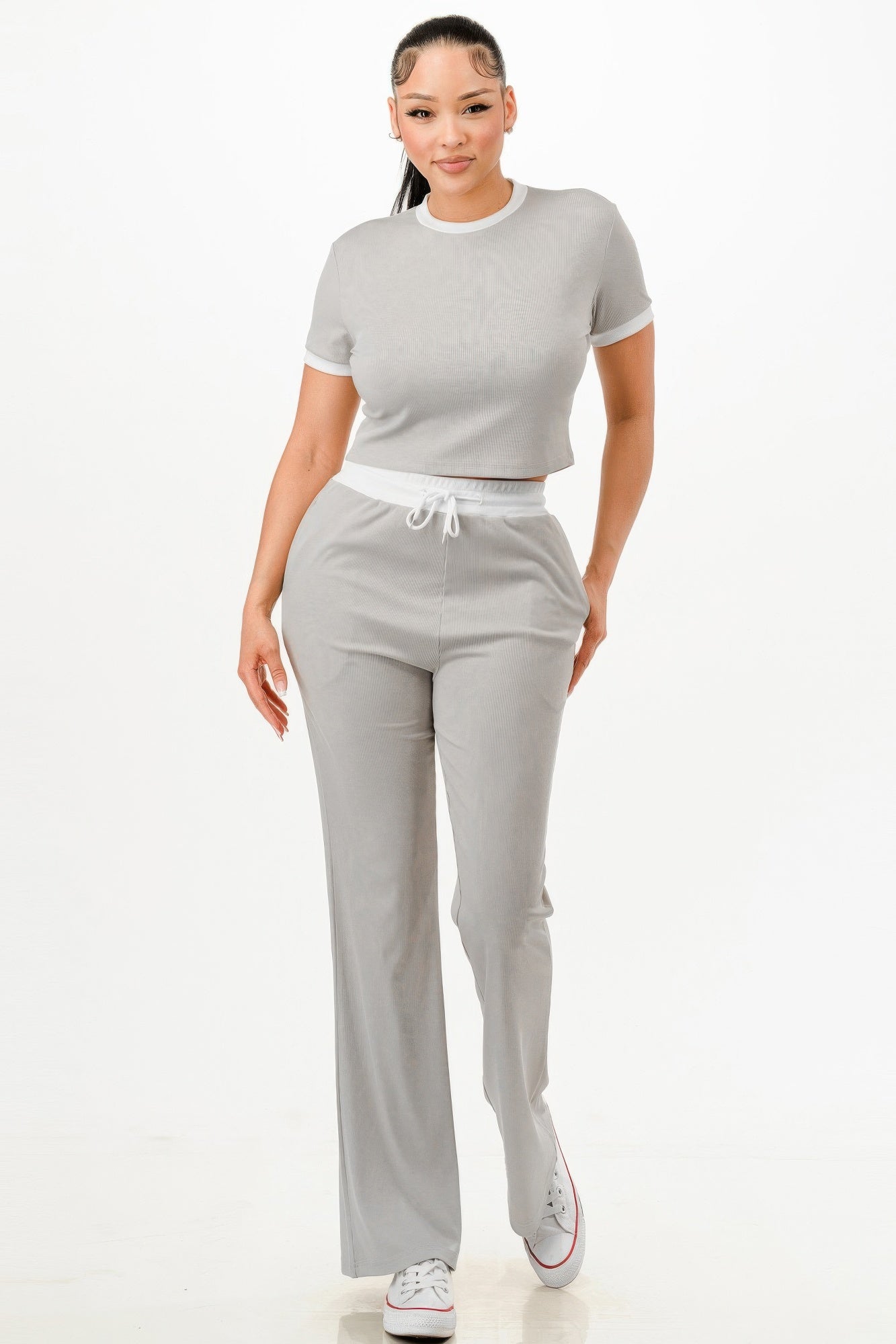 Ribbed Contrast Binding Top And Pants Set - It's a Girly Place