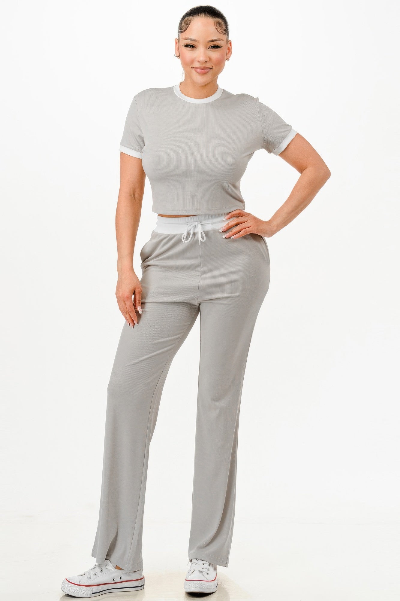 Ribbed Contrast Binding Top And Pants Set - It's a Girly Place