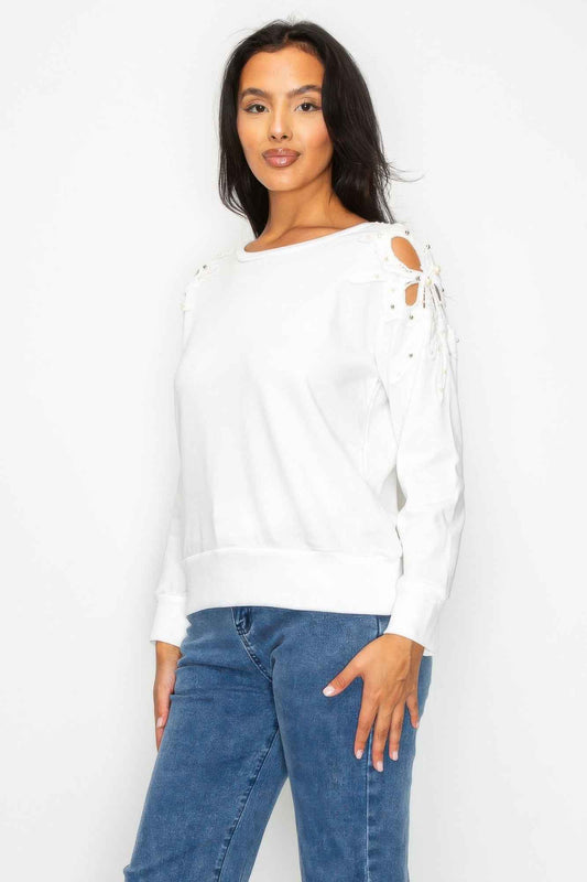 Solid Pear Bead Flower Patch Cut Out Sweatshirt