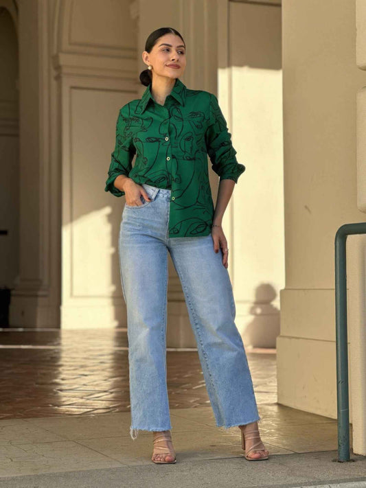 Face Print Long Sleeve Button Down Blouse