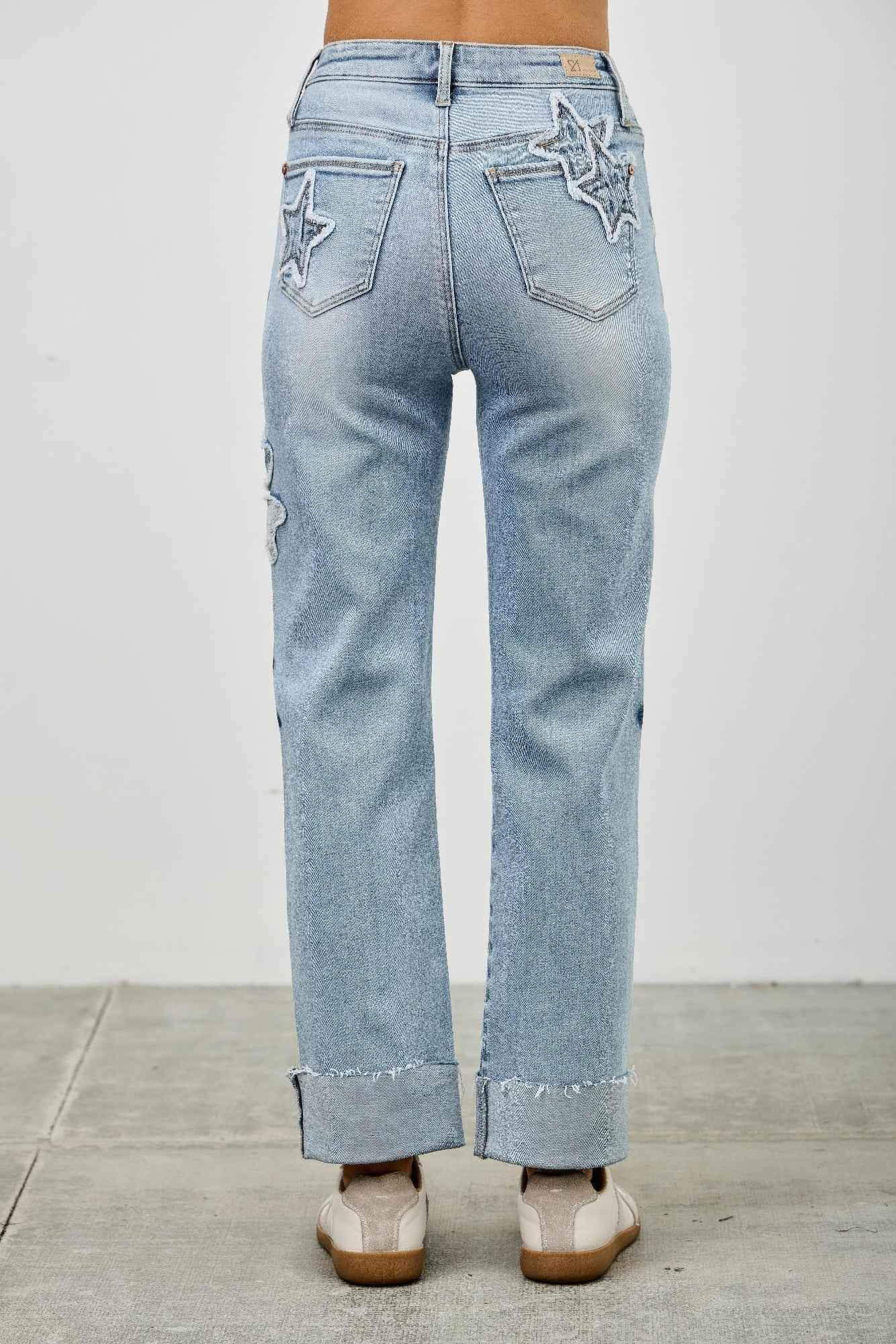 High Rise Star & Heart Patched Dad Jean W/stretch