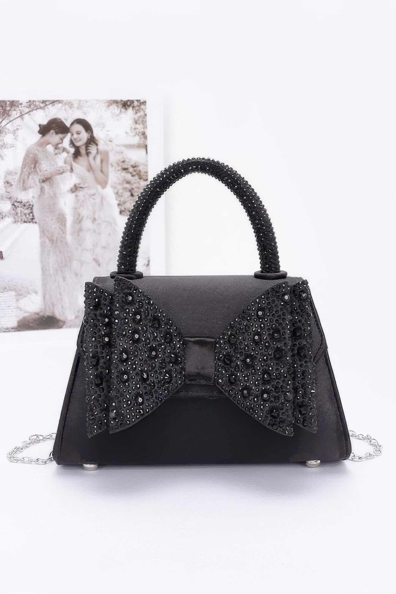 Rhinestone Ribbon Top Handle Satin Flap Bag - It's a Girly Place