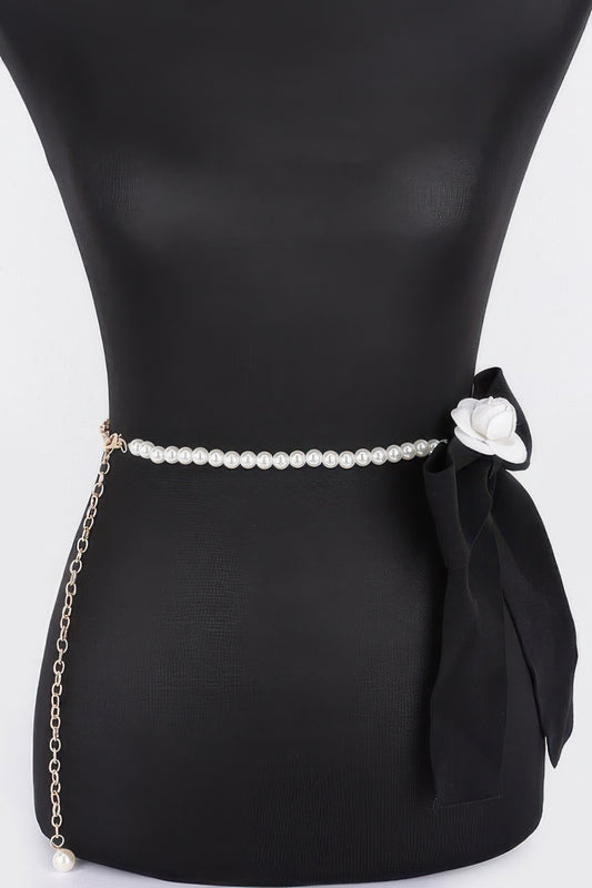 Flower Ribbon Faux Pearl Belt - It's a Girly Place