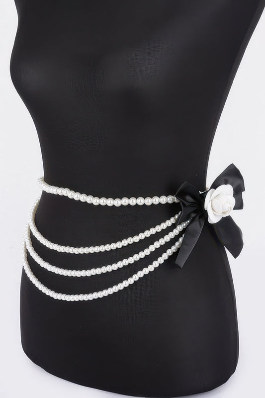 Layered Faux Pearl Flower Ribbon Belt - It's a Girly Place