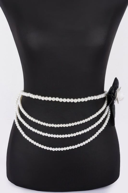 Layered Faux Pearl Flower Ribbon Belt - It's a Girly Place