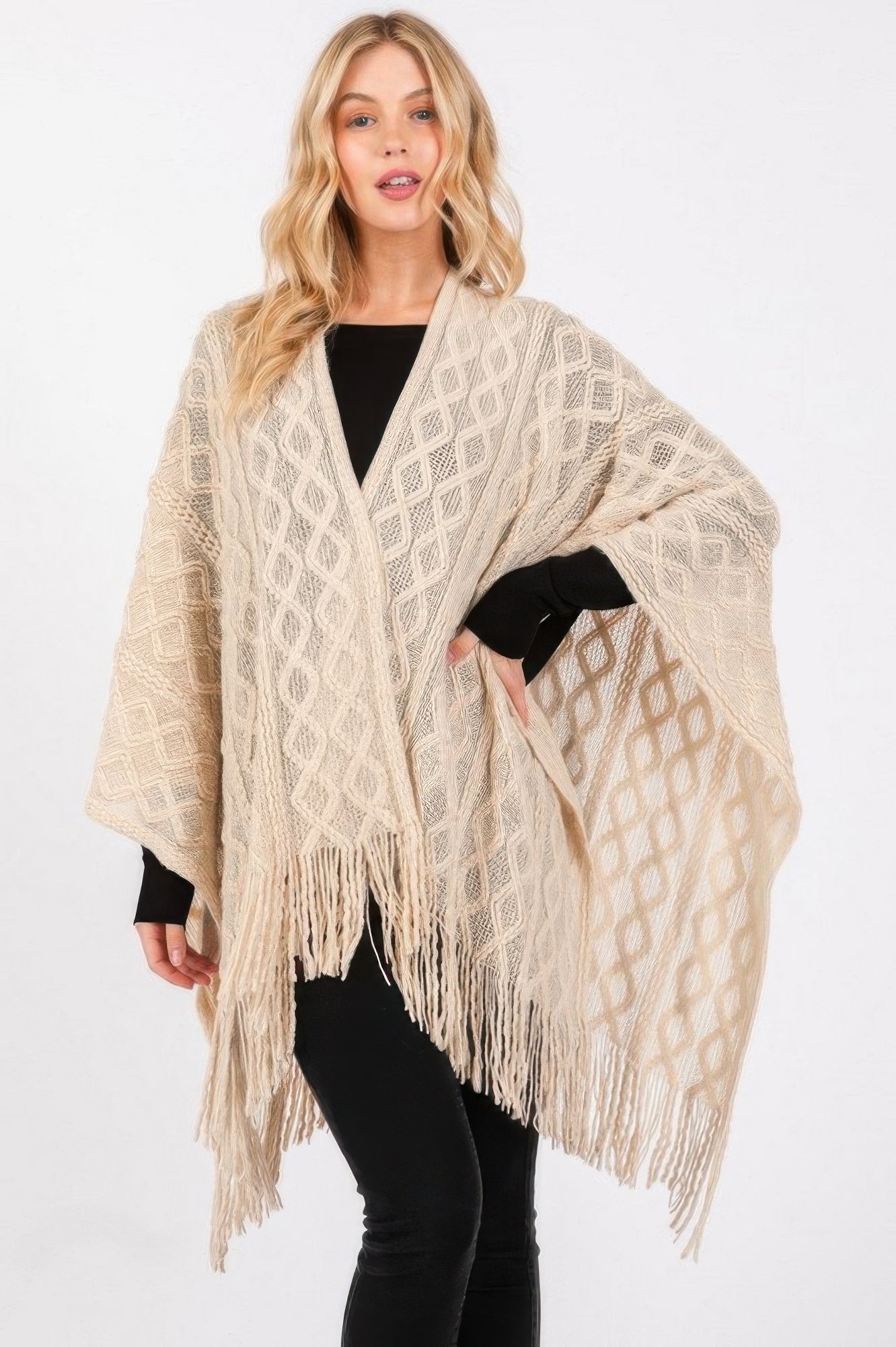 Diamond Pattern Tassel Knit Ruana - It's a Girly Place