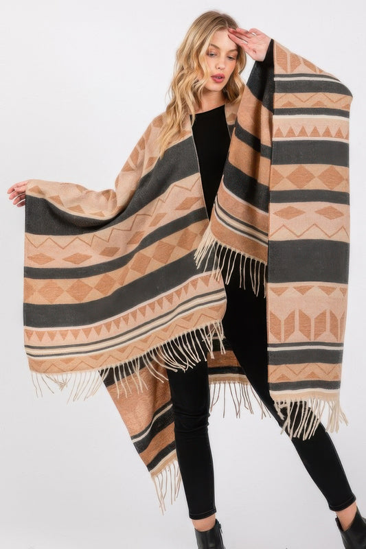 Aztec Pattern Fringe Ruana - It's a Girly Place