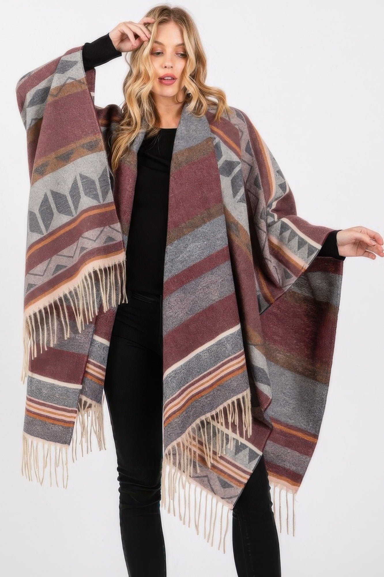 Aztec Pattern Fringe Ruana - It's a Girly Place