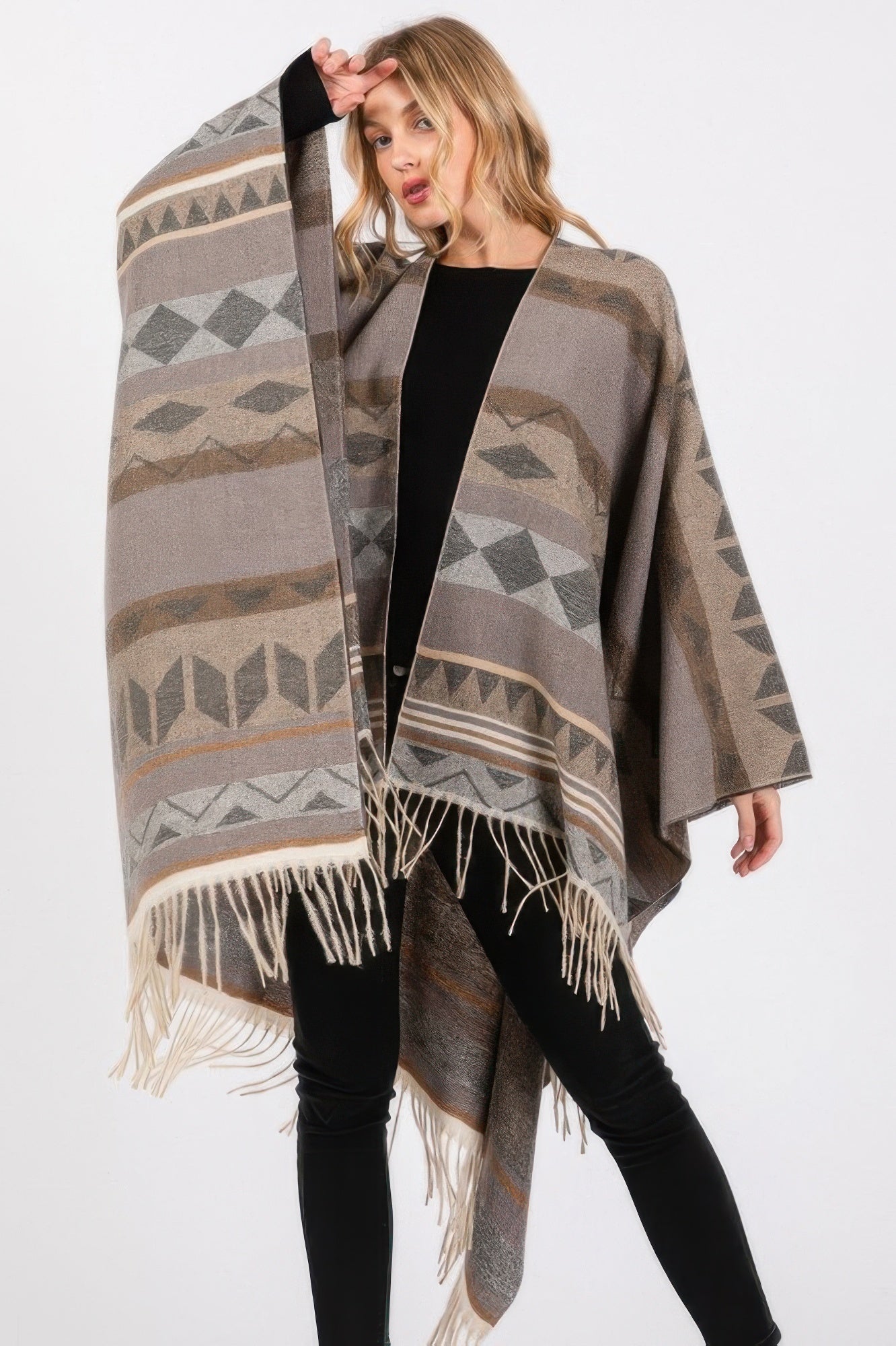 Aztec Pattern Fringe Ruana - It's a Girly Place
