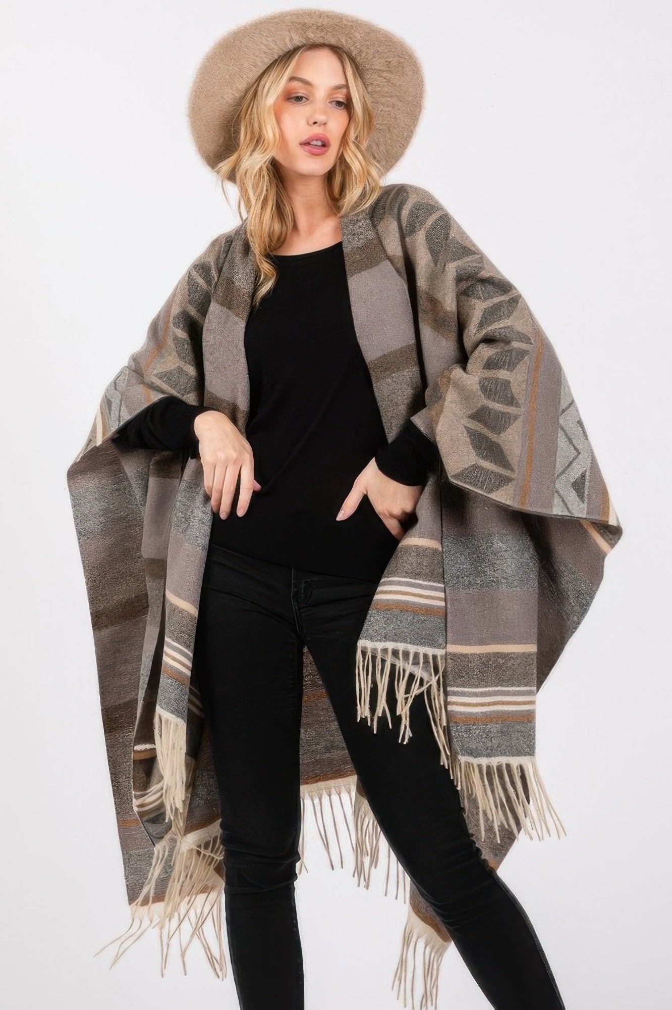 Aztec Pattern Fringe Ruana - It's a Girly Place