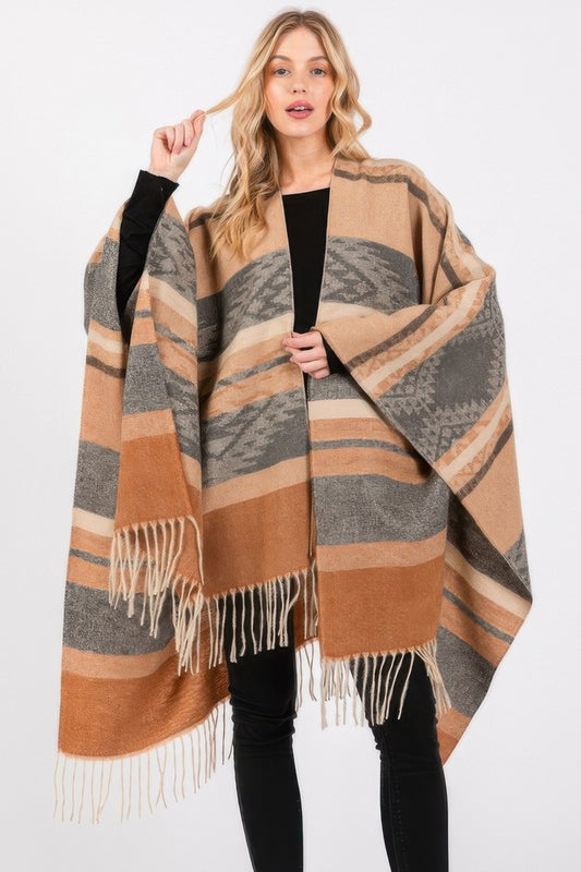 Aztec Pattern Fringe Ruana - It's a Girly Place