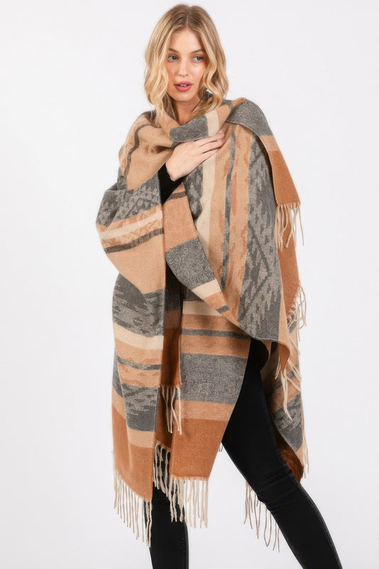 Aztec Pattern Fringe Ruana - It's a Girly Place