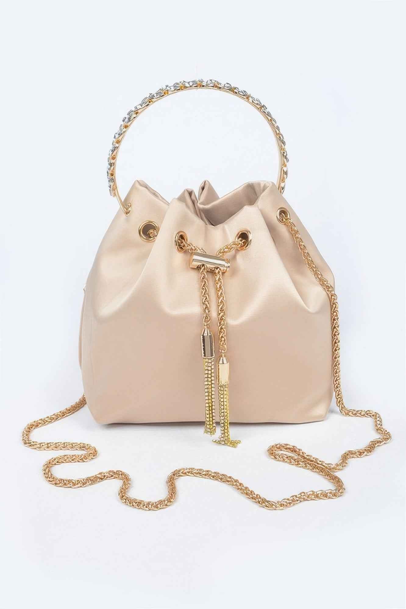Rhinestone Top Handle Satin Bucket Bag