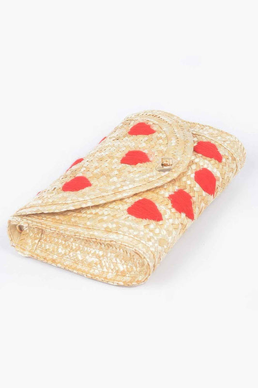 Heart Embroidery Straw Clutch