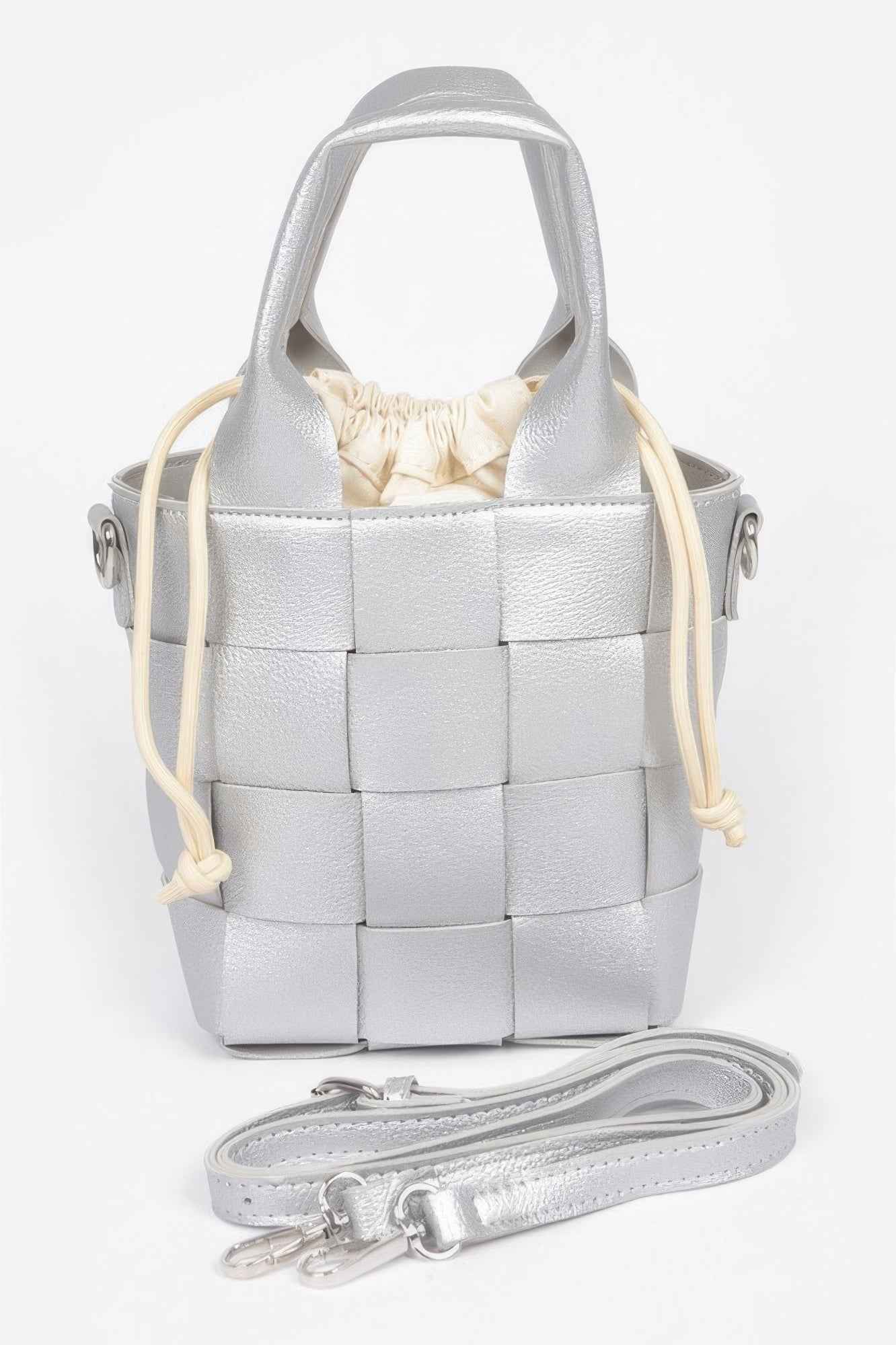 Faux Leather Braided Handle Bag W/canvas Pouch