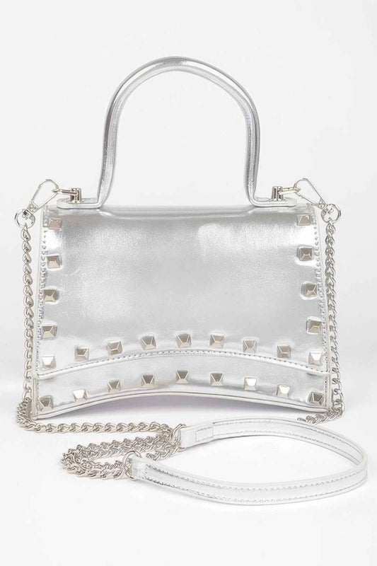 Metallic Faux Leather Studded Top Handle Clutch