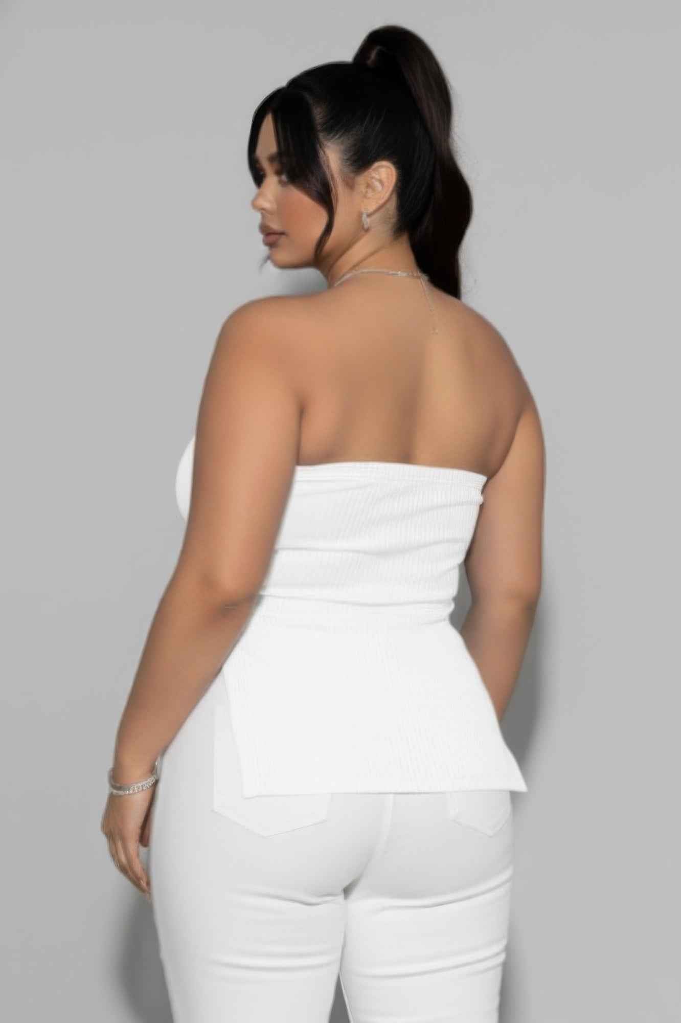 Plus Strapless Ribbed Side-slit Flare Top