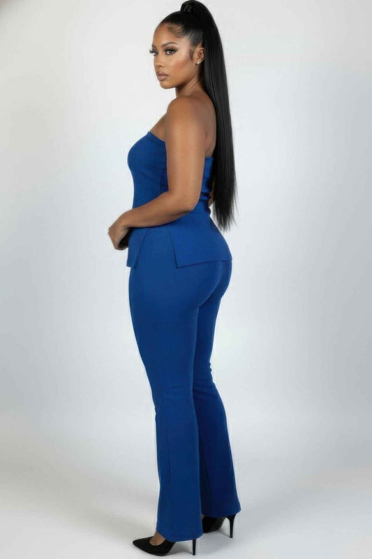 Plus Size Ultra-fine Ribbed Slit Tube Top & High-waist Flare Pants Set