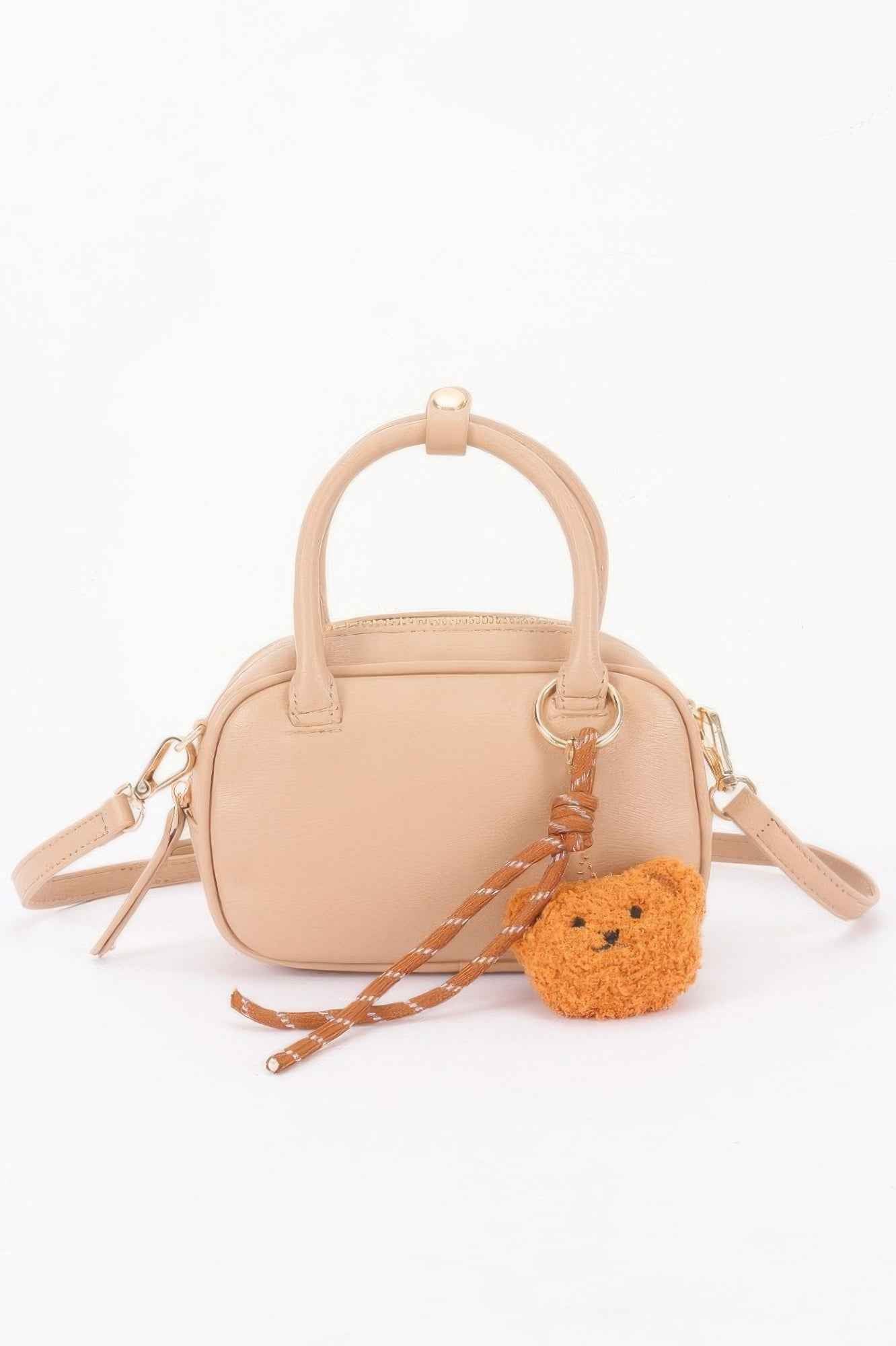 Vegan Leather Mini Bowling Bag With Bear Charm