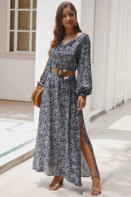 Floral V Neck Long Sleeve Full Dress