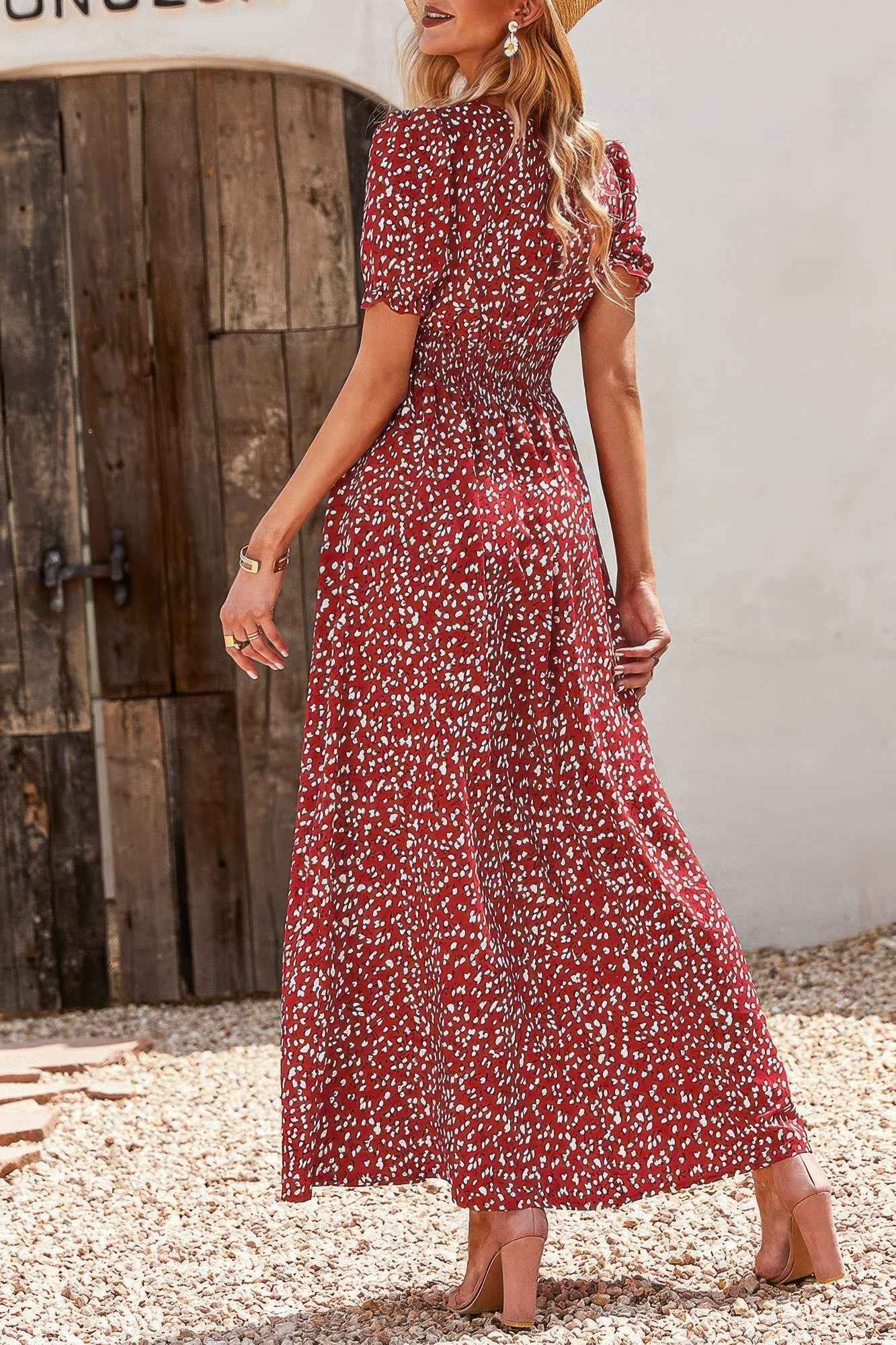 Allover Print Puff Sleeve Ruched Shirred Dress