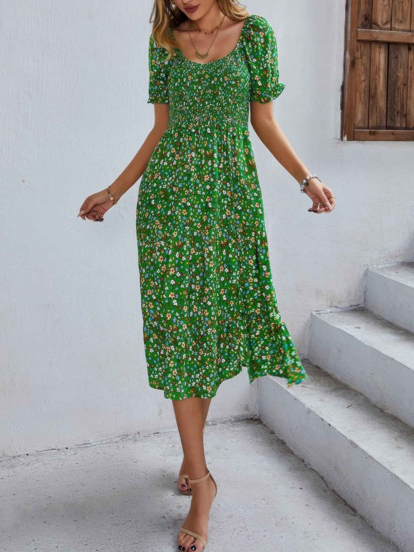 Bohemia Floral Puff Sleeve Flounce Sleeve Dress