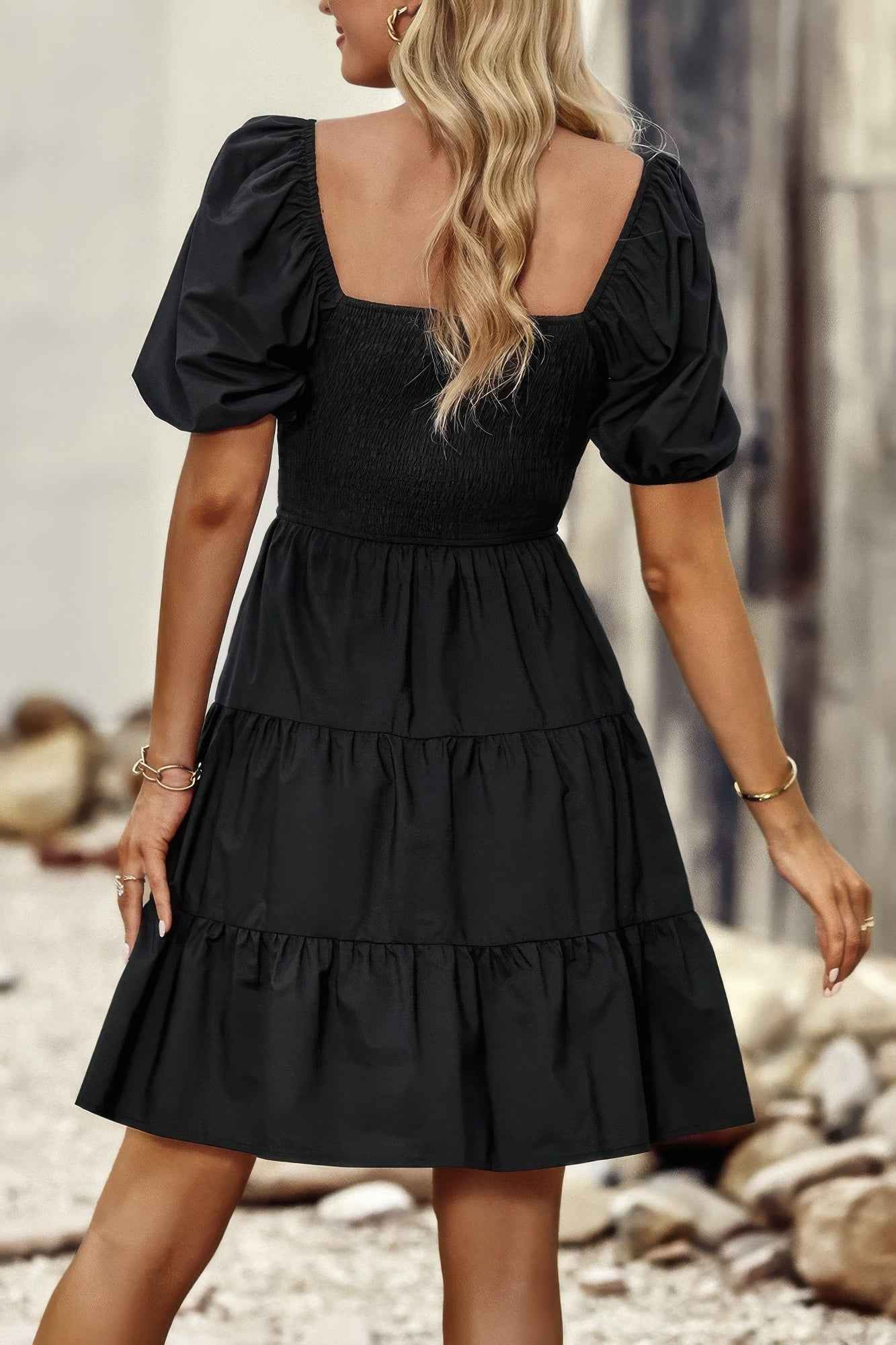 Square Neck Ruched Balloon Sleeve Smocked Midi Dress
