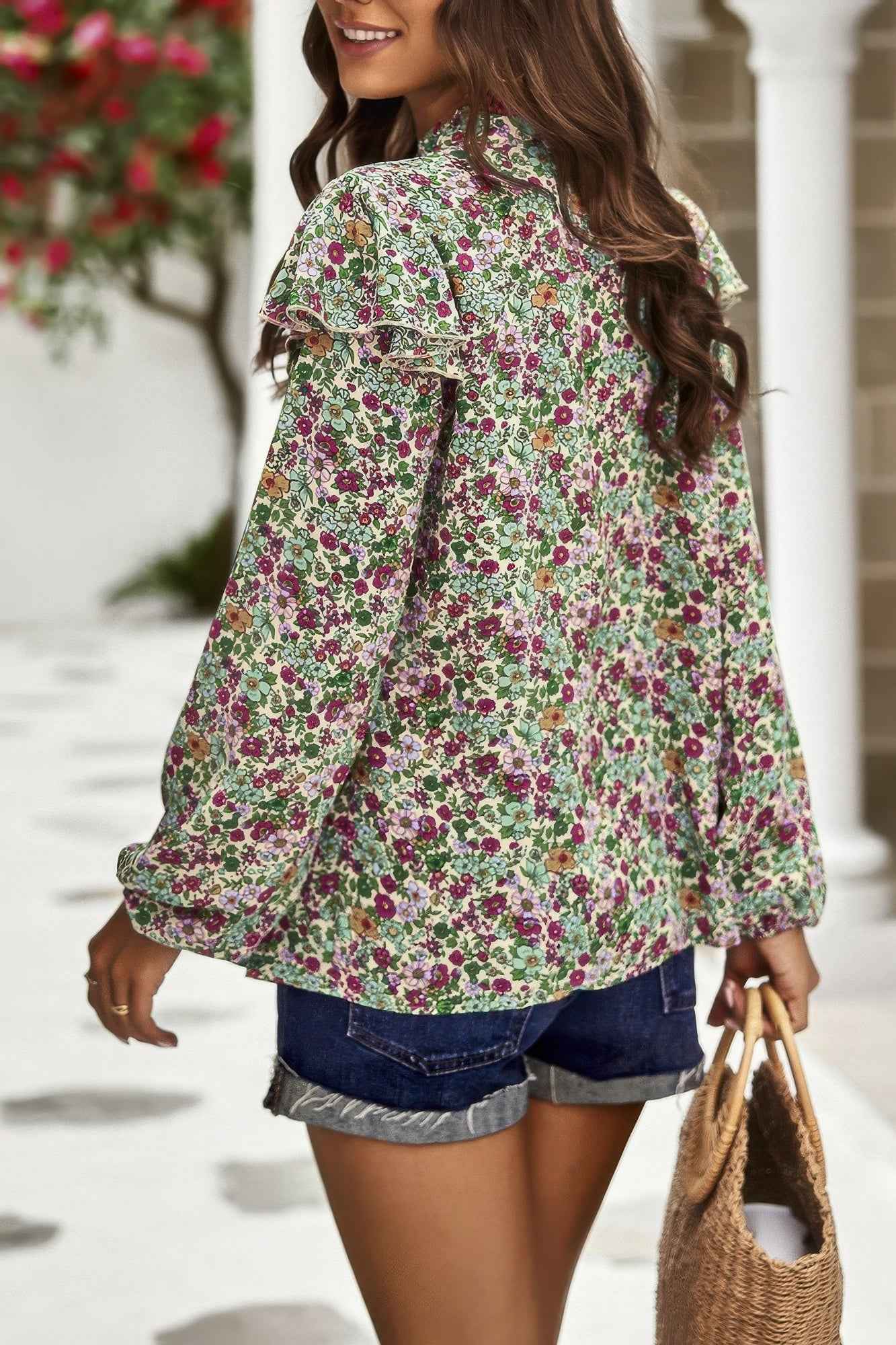 Floral V Neck Button Ruffle Long Sleeve Top