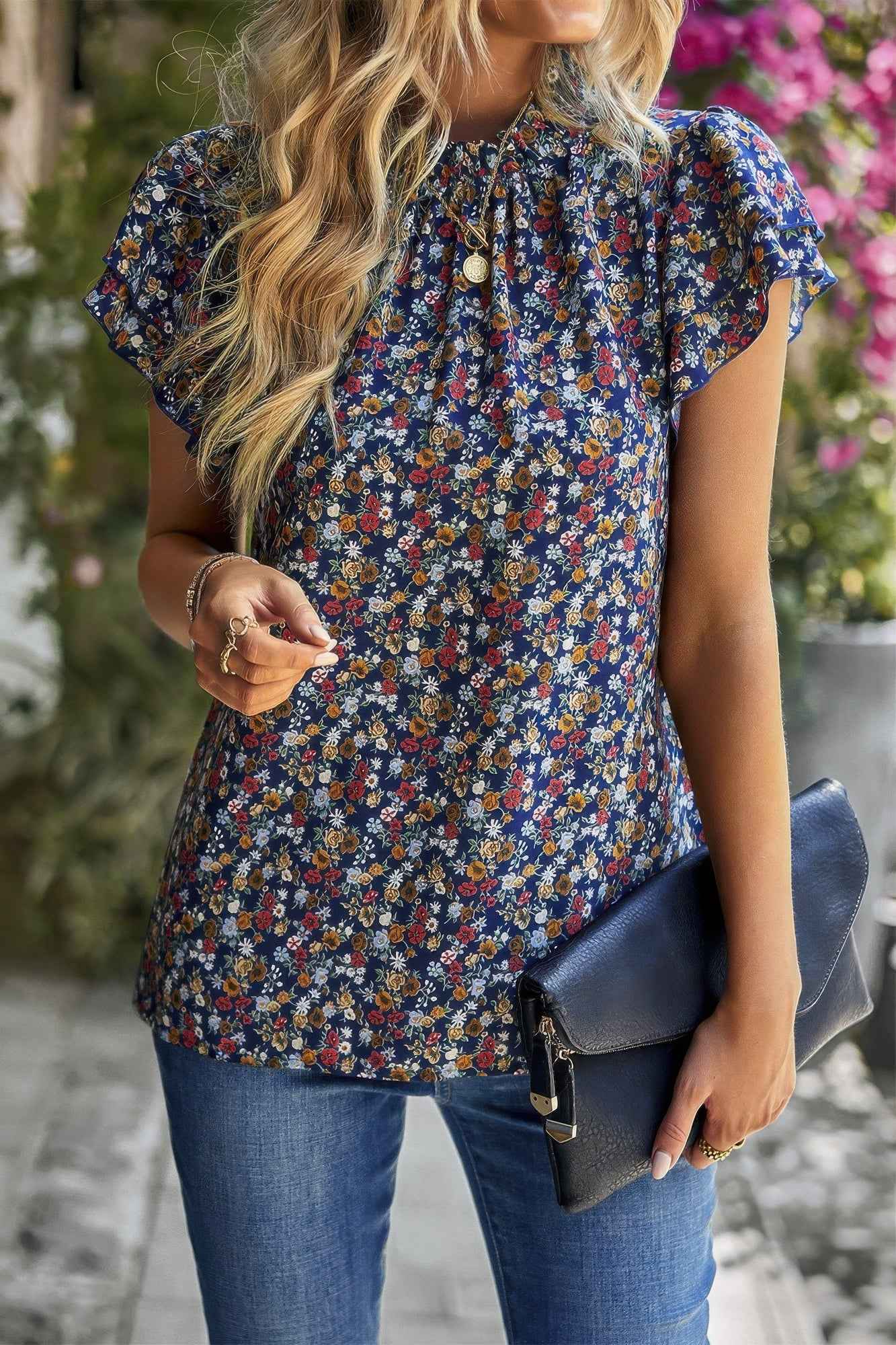 Floral Mock Neck Ruffle Short Sleeve Shirt