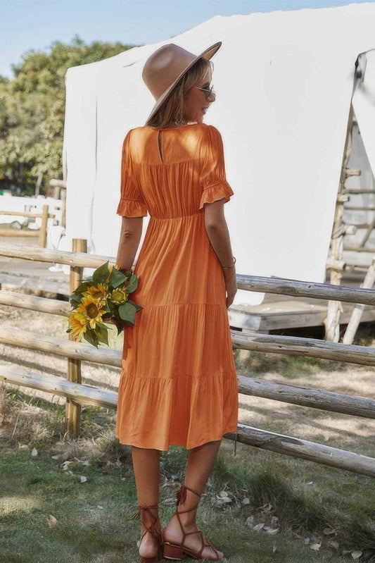 Flowy Pleated Short Sleeve Solid Midi Dress