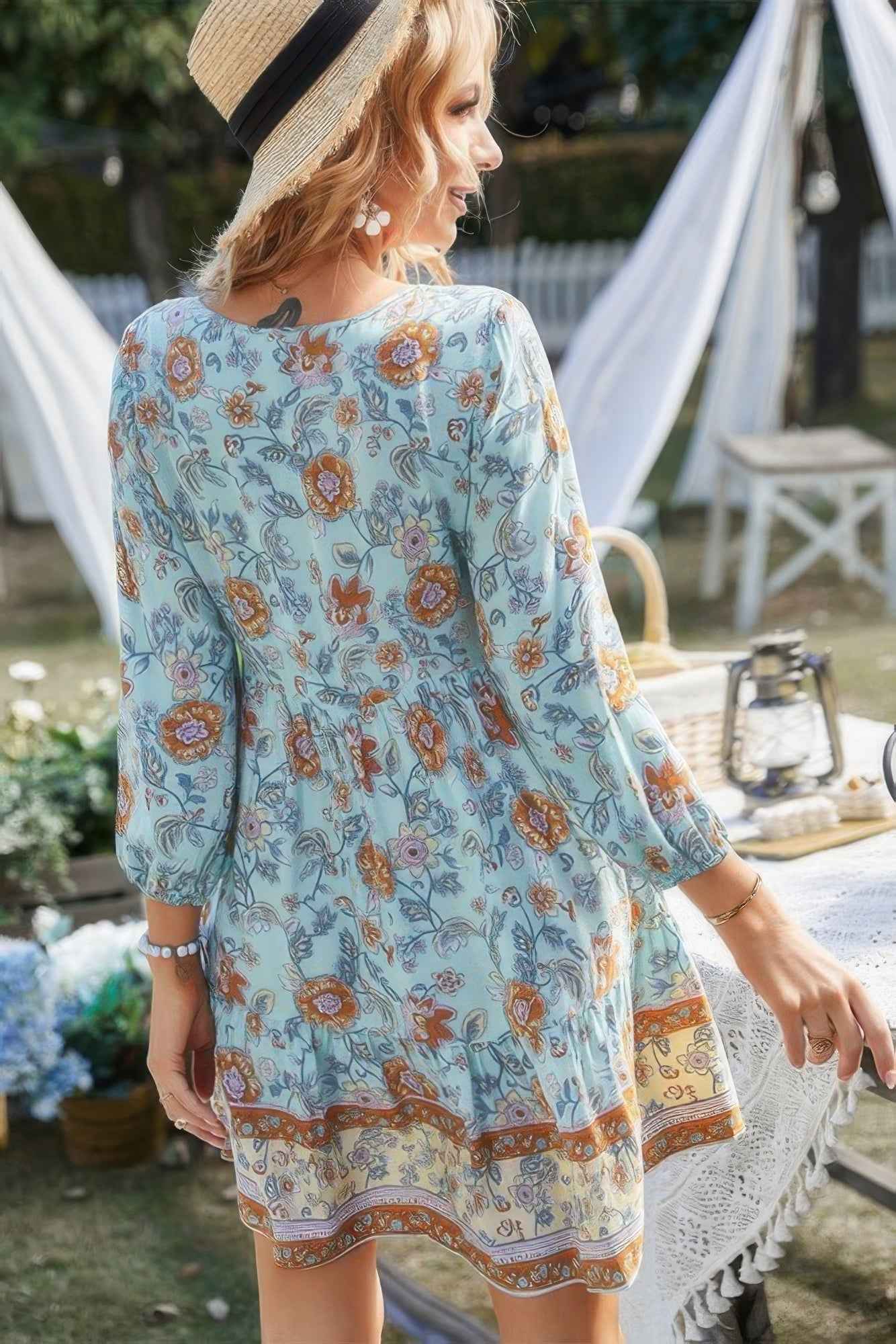 Floral Printed Button Down V Neck Long Sleeve Dress