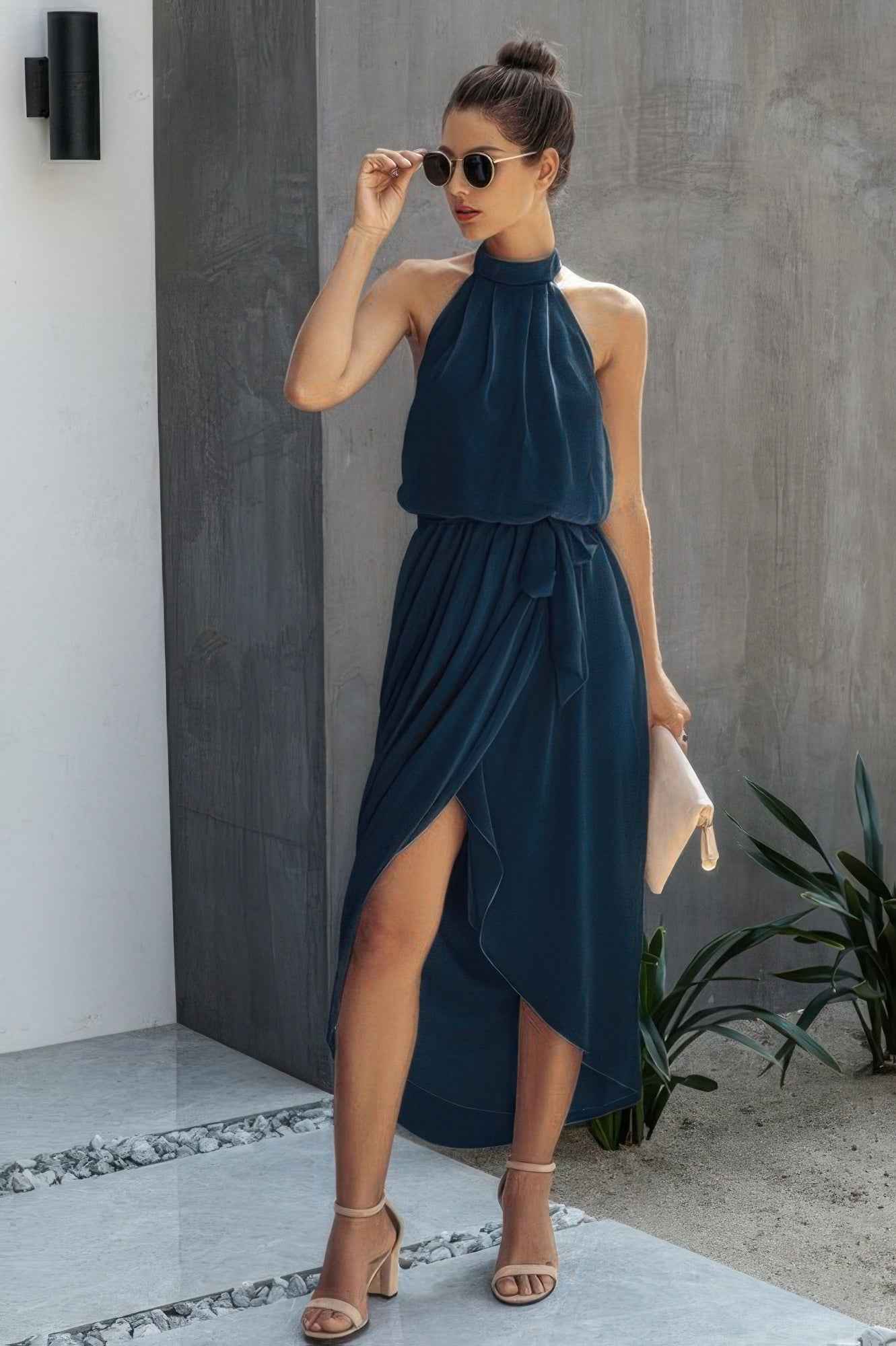 Halter Neck Empire Waist Spilt Dress