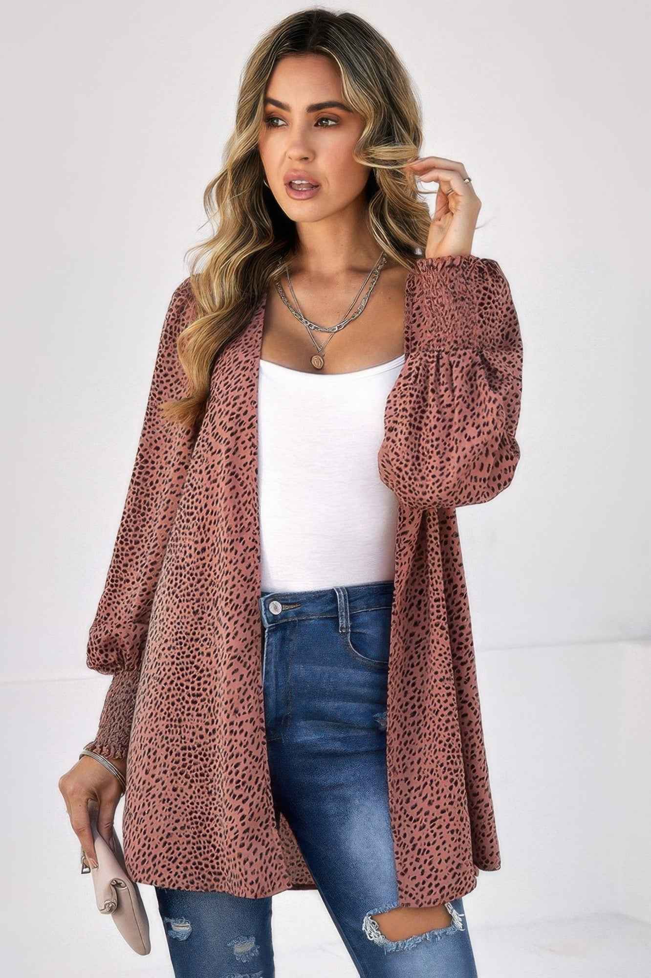 Allover Print Shirred Cuff Lantern Sleeve Kimono
