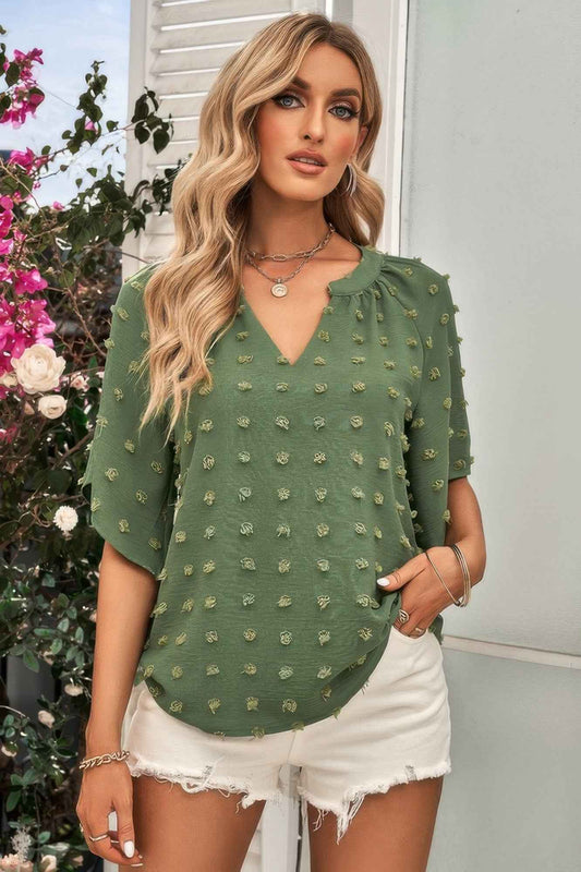 Solid Swiss Dot V Neck Puff Sleeve Blouse