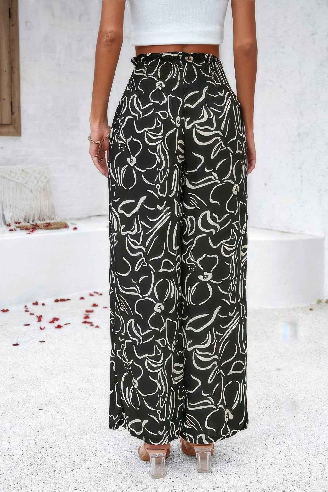 Allover Print Folded Frill Wide Leg High Waist Pant