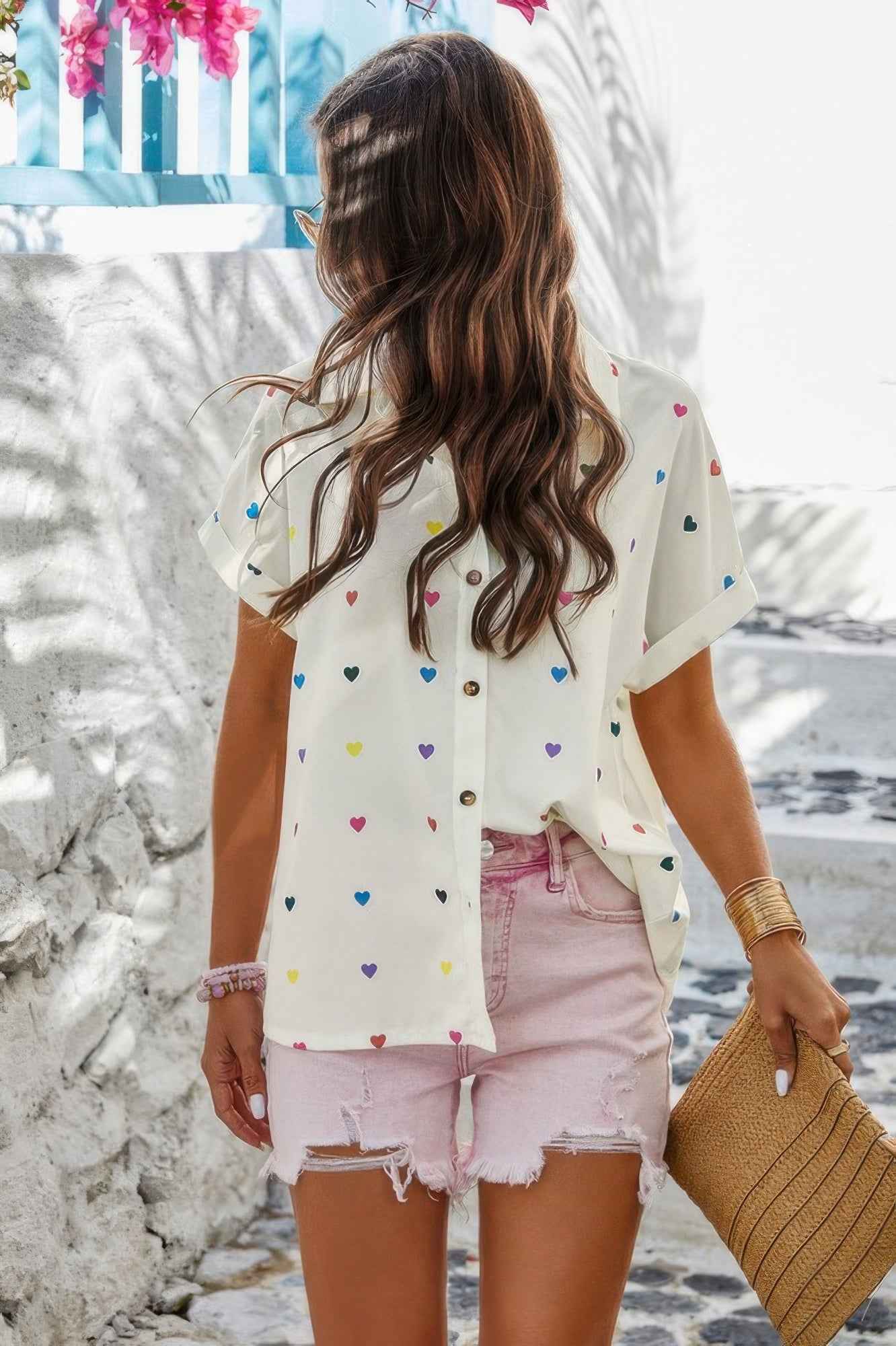 Heart Print Button Down Short Sleeve Loose Shirt