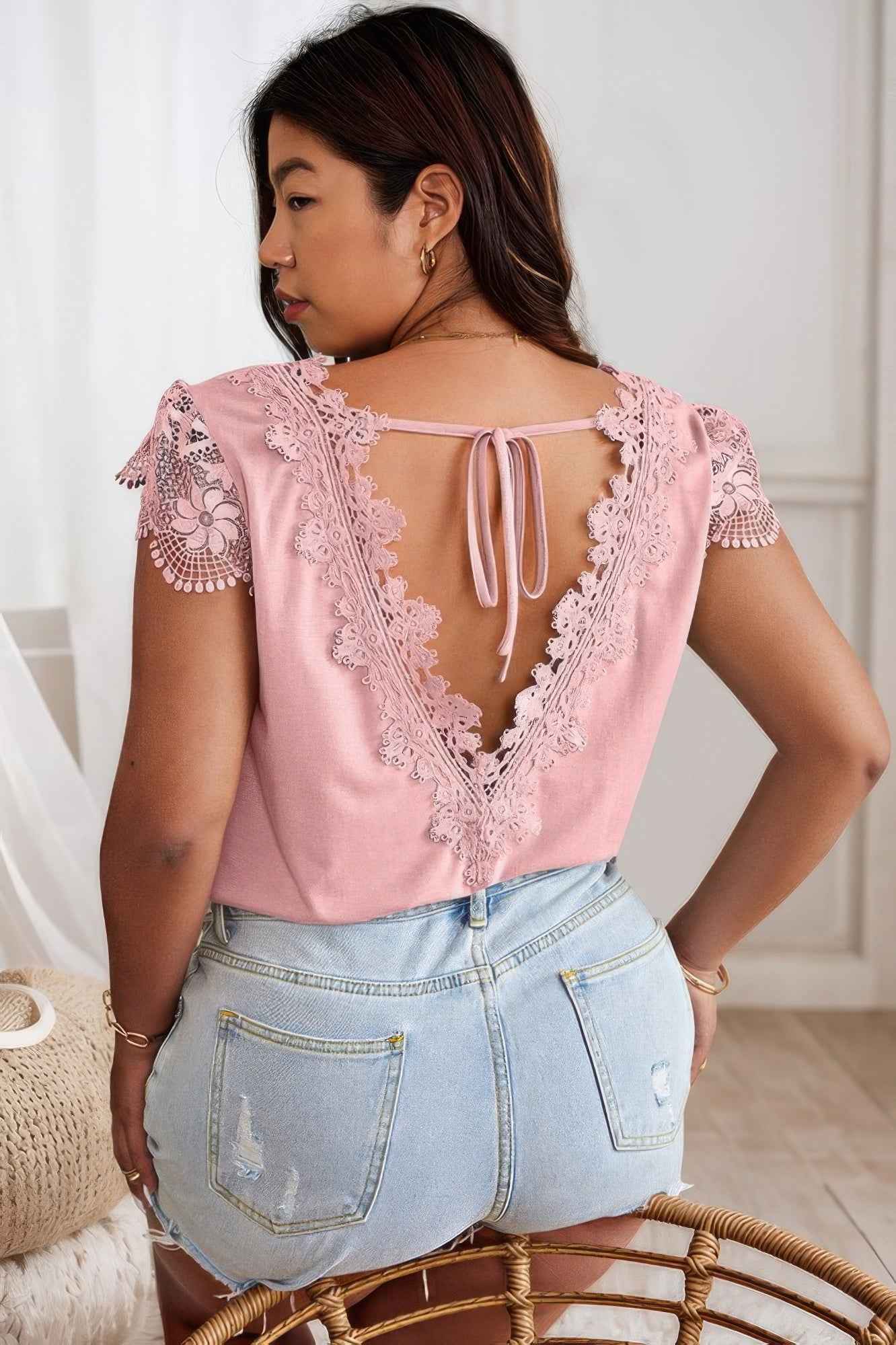 Solid V Neck Lace Splicing Back Bowknot T Shirt