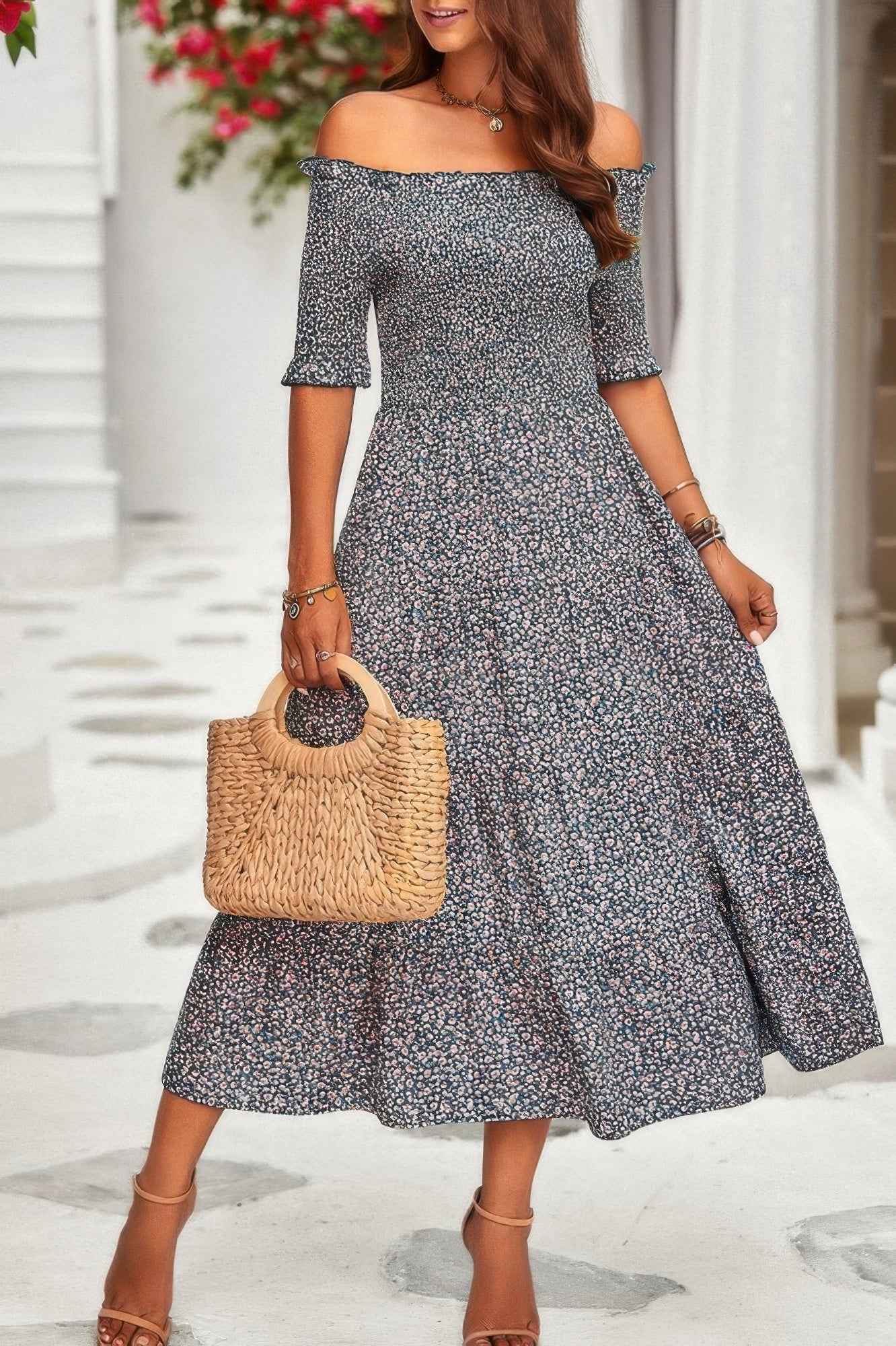 Boho Print Off Shoulder Ruffle Hem Floral Dress