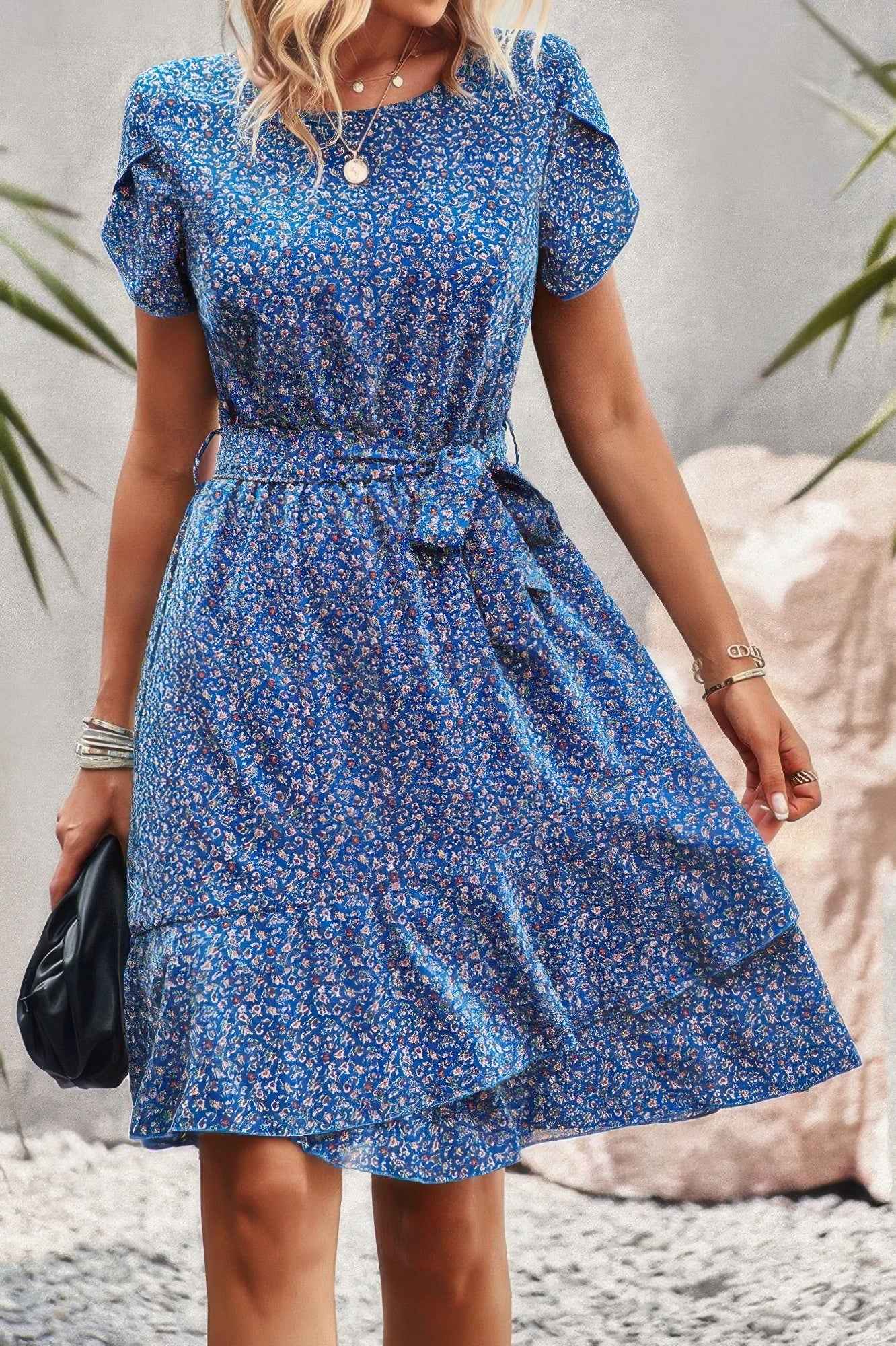 Floral Round Neck Slim Tiered A Line Ruffle Dress