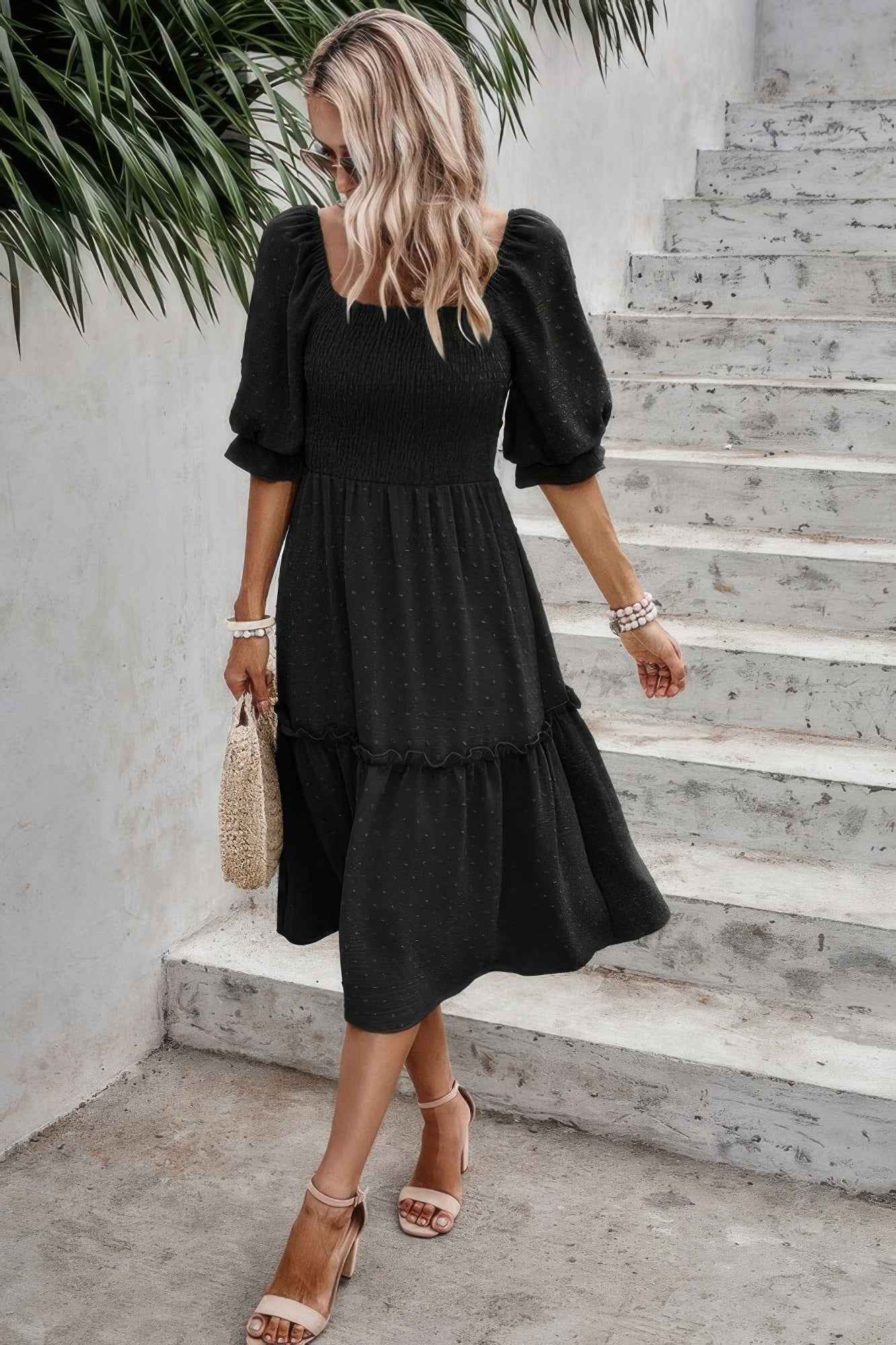 Square Neck Puff Sleeve Ruffle Hem Dress