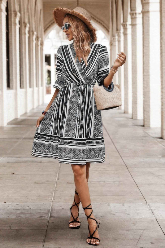 Allover Print Surplice Neck Ruffle Hem Fit Dress